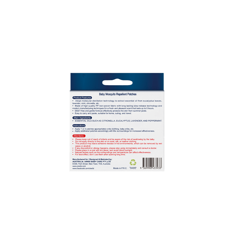 Baby Mosquito Repellent Patches Product diagram on the back (with notes)