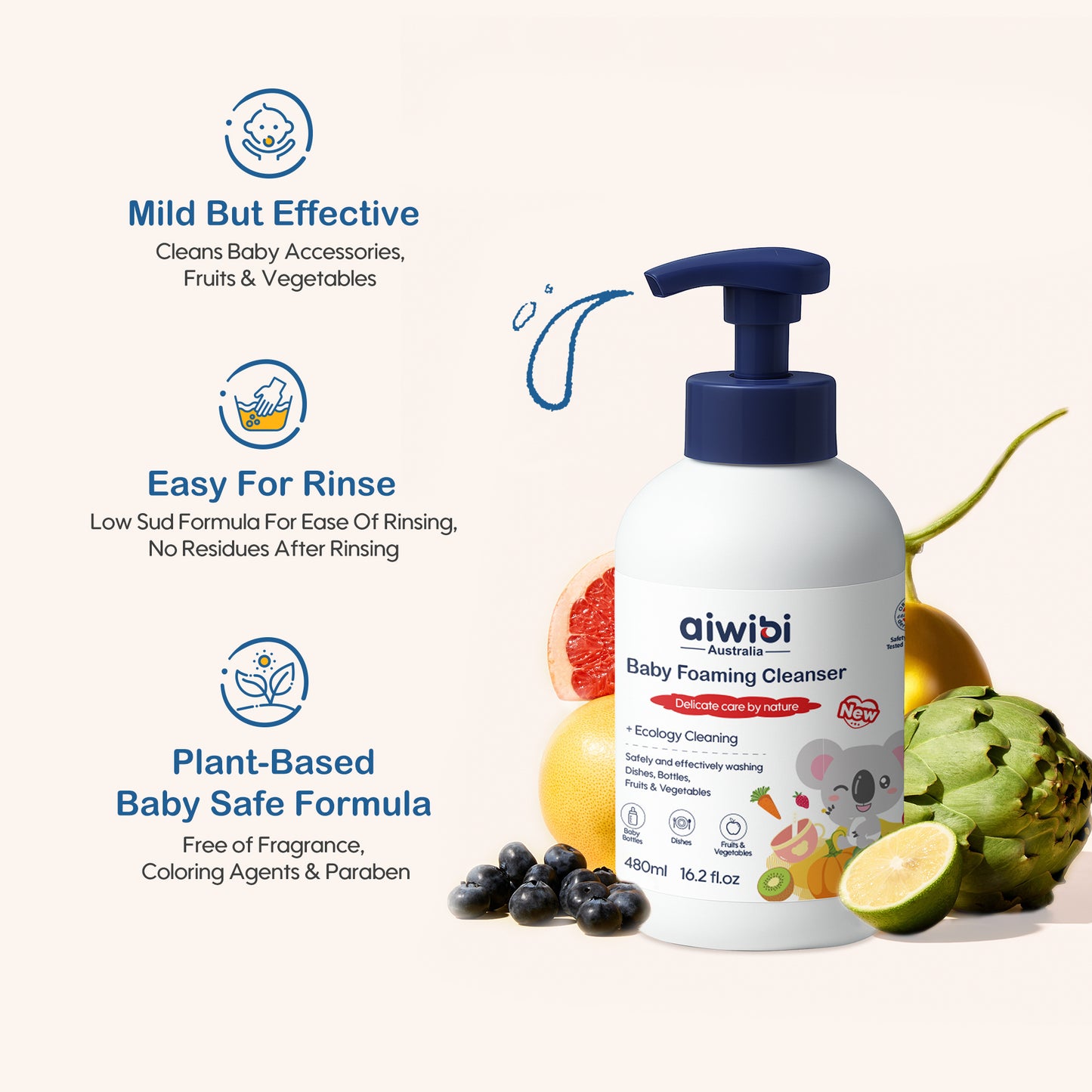 Aiwibi Baby Foaming Cleanser: Aiwibi plant-based baby foaming cleanser – phosphate-free, alcohol-free.