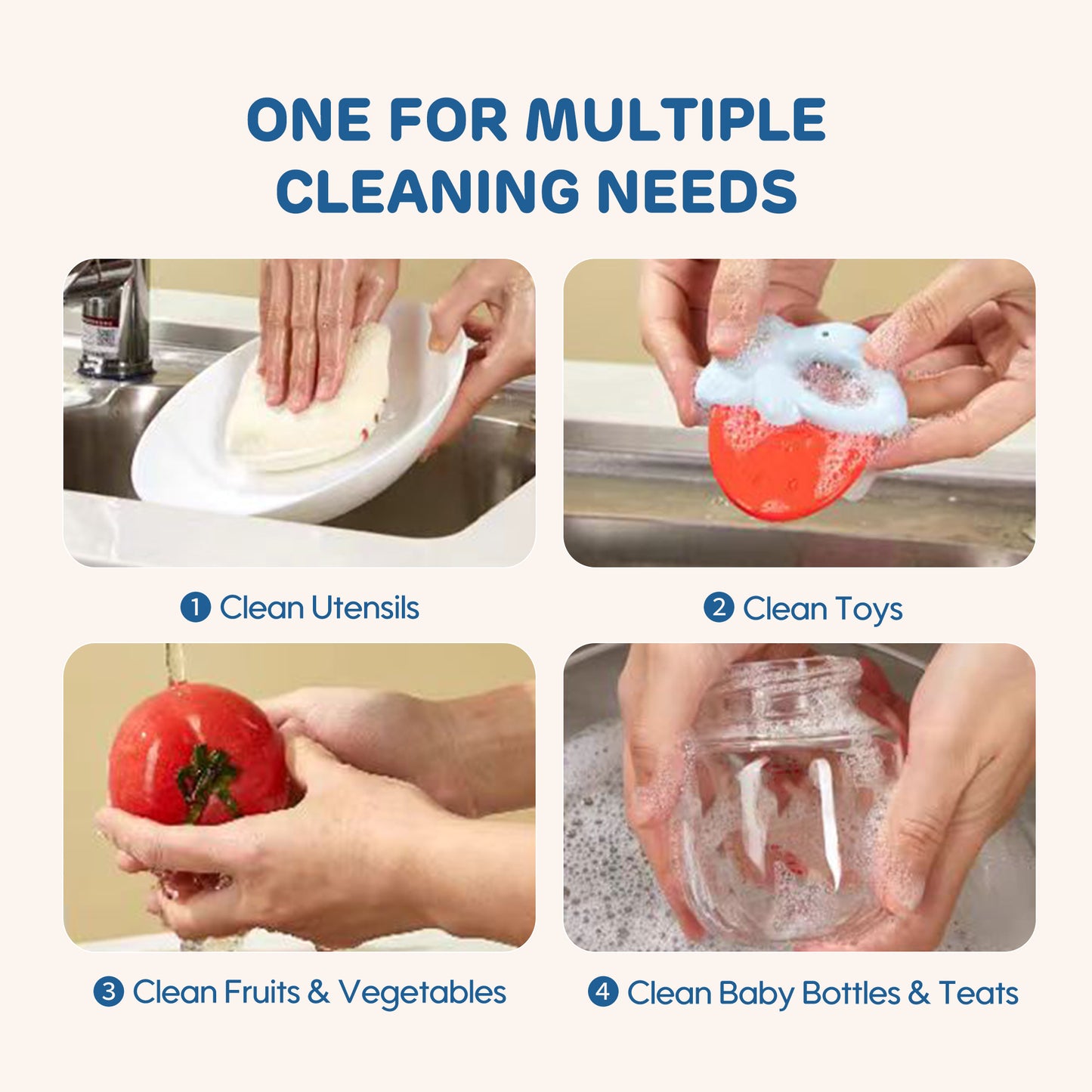 Cleans bottles, utensils, pacifiers, toys, fruits, and veggies—all in one step