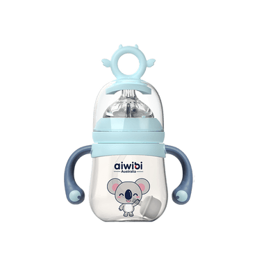 A blue Aiwibi PPSU baby milk bottle with a koala design, equipped with handles and measurement markings.