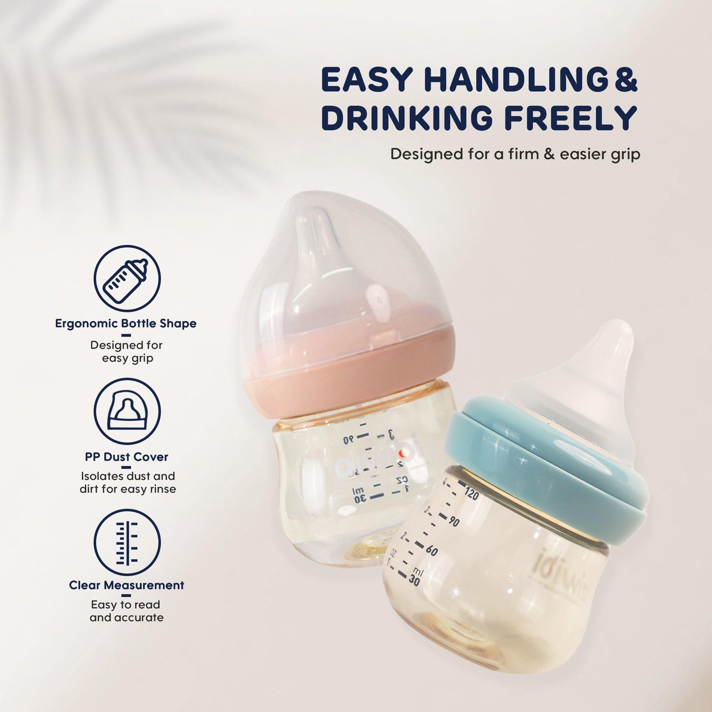 The image showcases the detailed design of the aiwibi Anti-Colic 120ml Baby Bottle (suitable for newborns).
