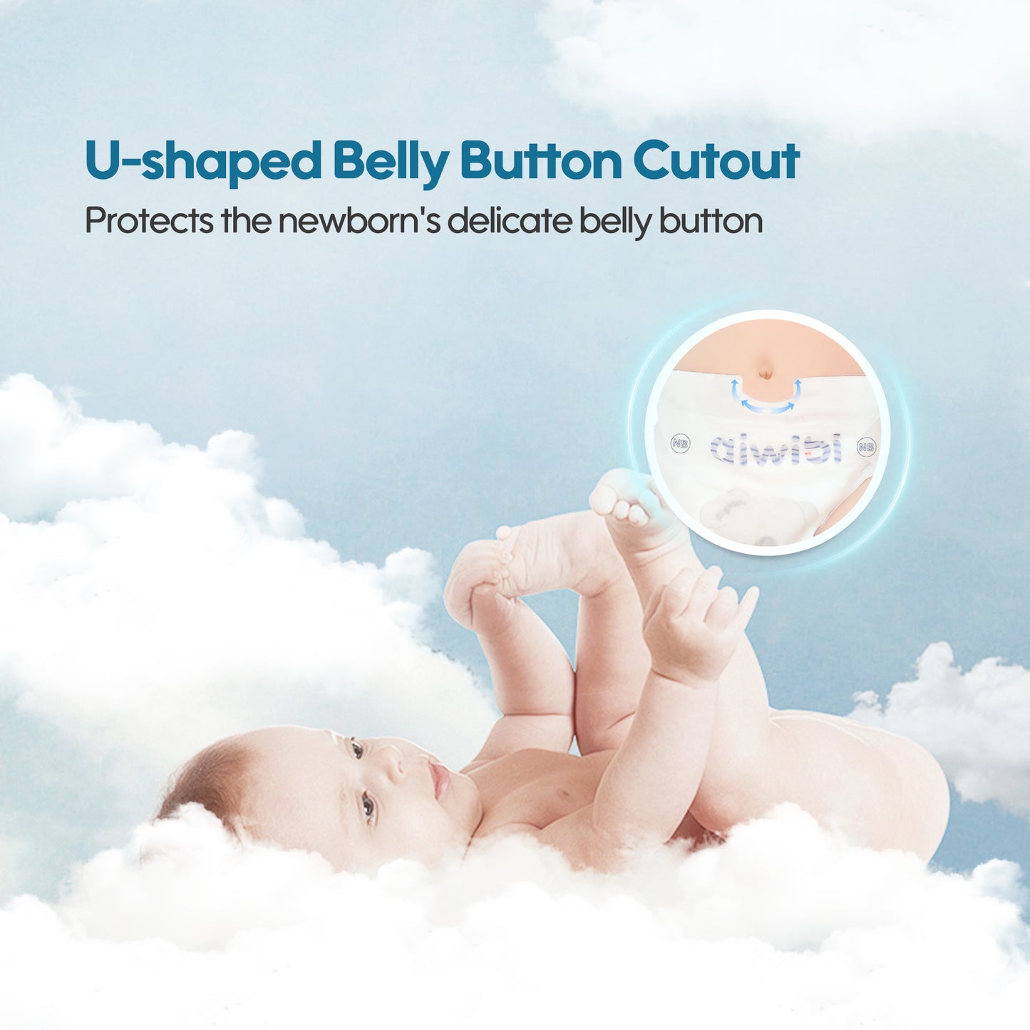 Baby lying on clouds with text about U-shaped belly button cutout and a close-up of the product.