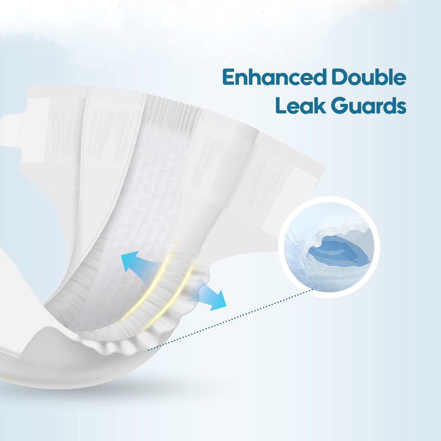 The image demonstrates that Aiwibi newborn diapers feature a dual-layer leak-proof barrier, making them less prone to leakage.