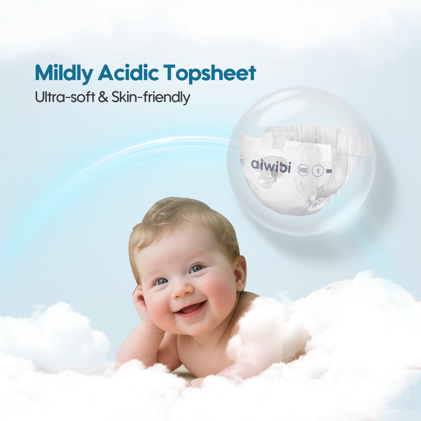 Aiwibi newborn diapers feature a mildly acidic surface layer that closely matches the baby's natural pH balance.