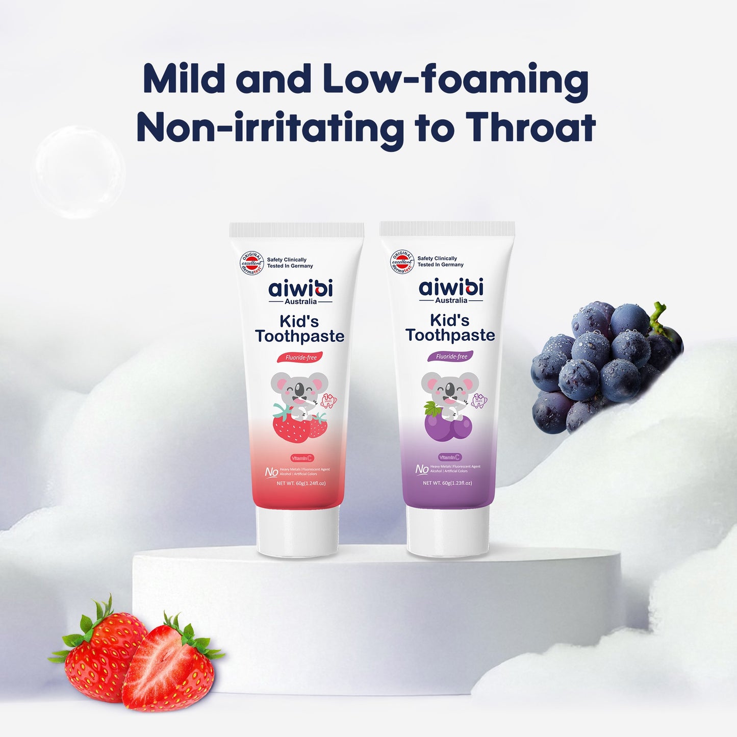 Features kid-friendly strawberry and grape flavors and a low-foaming formula.