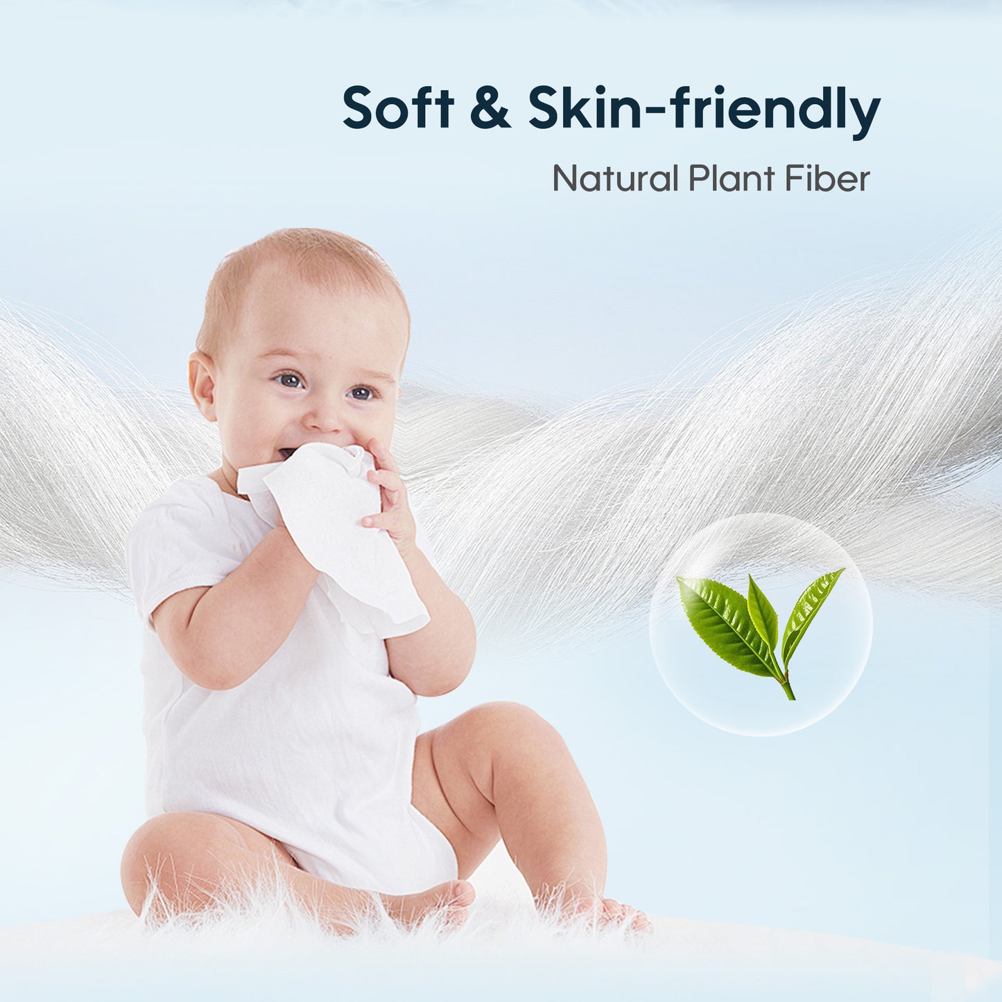 A baby's mouth is gently wiped with a skin-friendly Aiwibi Water Wipe.