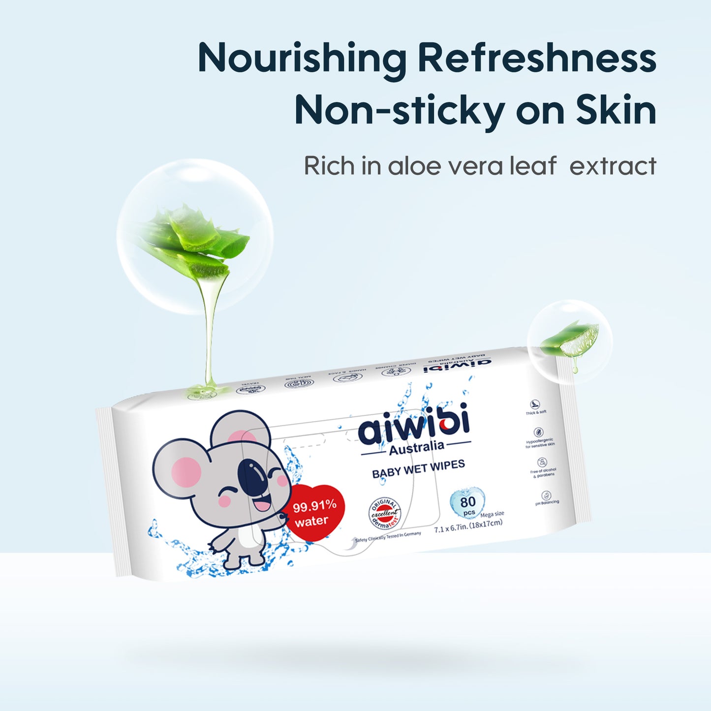 Aiwibi water wipes made with 99.91% EDI pure water and aloe vera.
