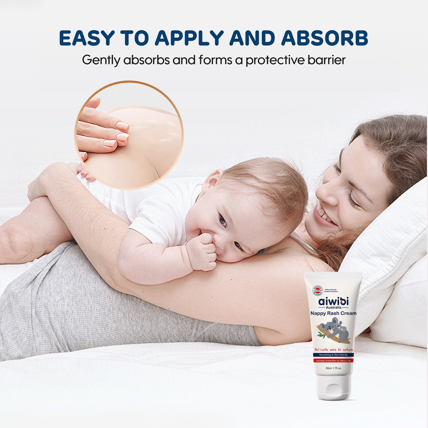 This image captures a mother using Aiwibi cream as part of her baby's daily care routine.