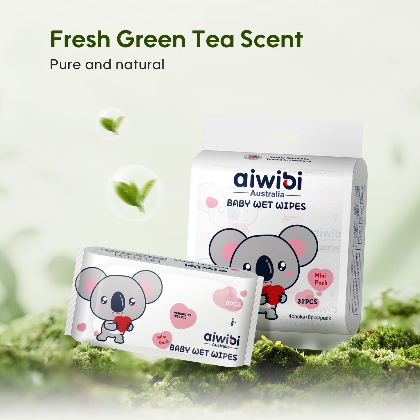 Aiwibi mini wipes featuring a light and pleasant green tea fragrance.