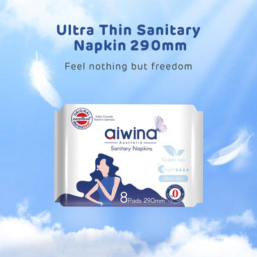 The image displays the aiwina ultra thin 290mm sanitary pad against a blue background, emphasizing freedom and comfort.