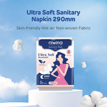 The image shows sanitary pads made from skin-friendly hot-air non-woven fabric.