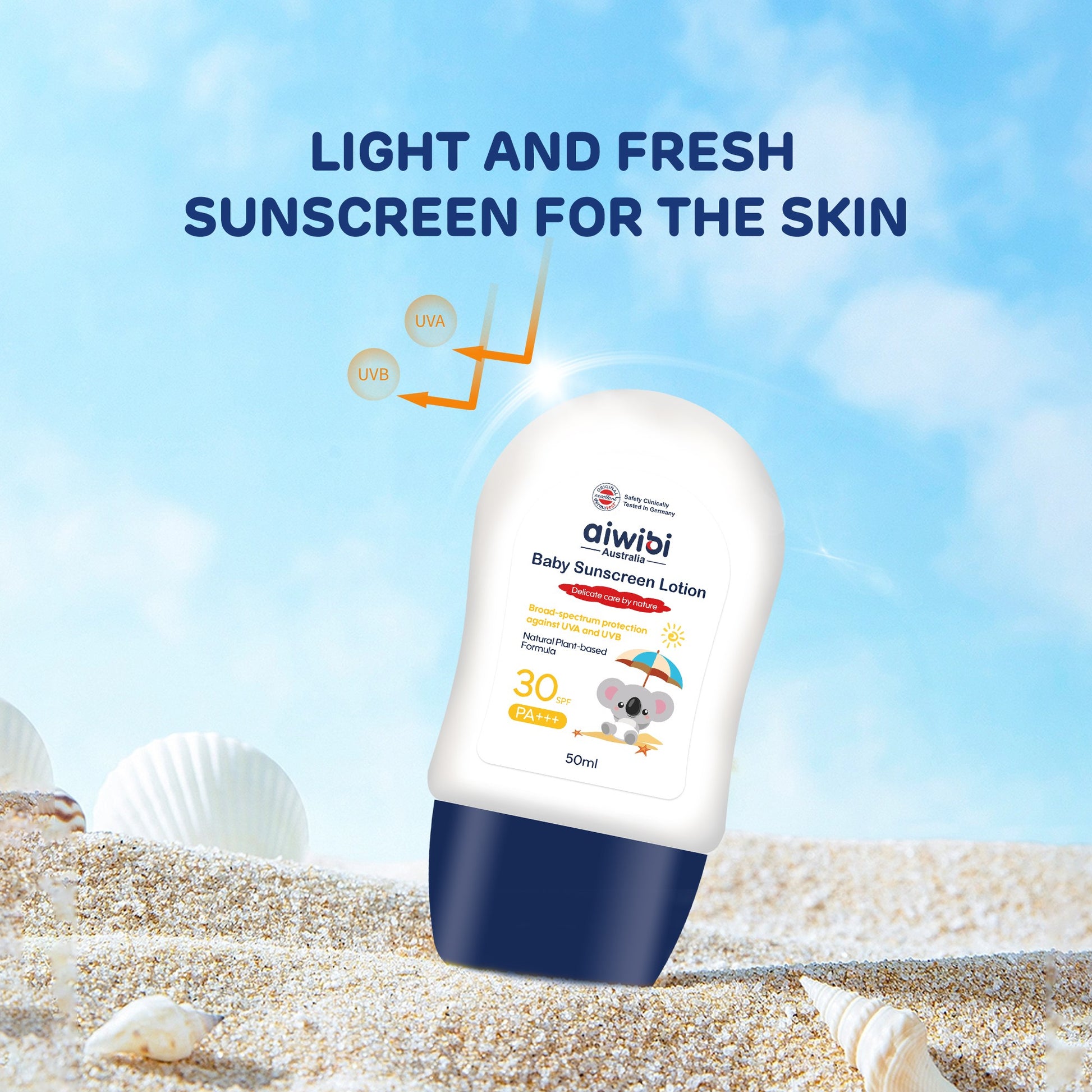 See the smooth texture of Aiwibi Baby Sunscreen Lotion, made with gentle ingredients like aloe vera for your baby's sensitive skin.