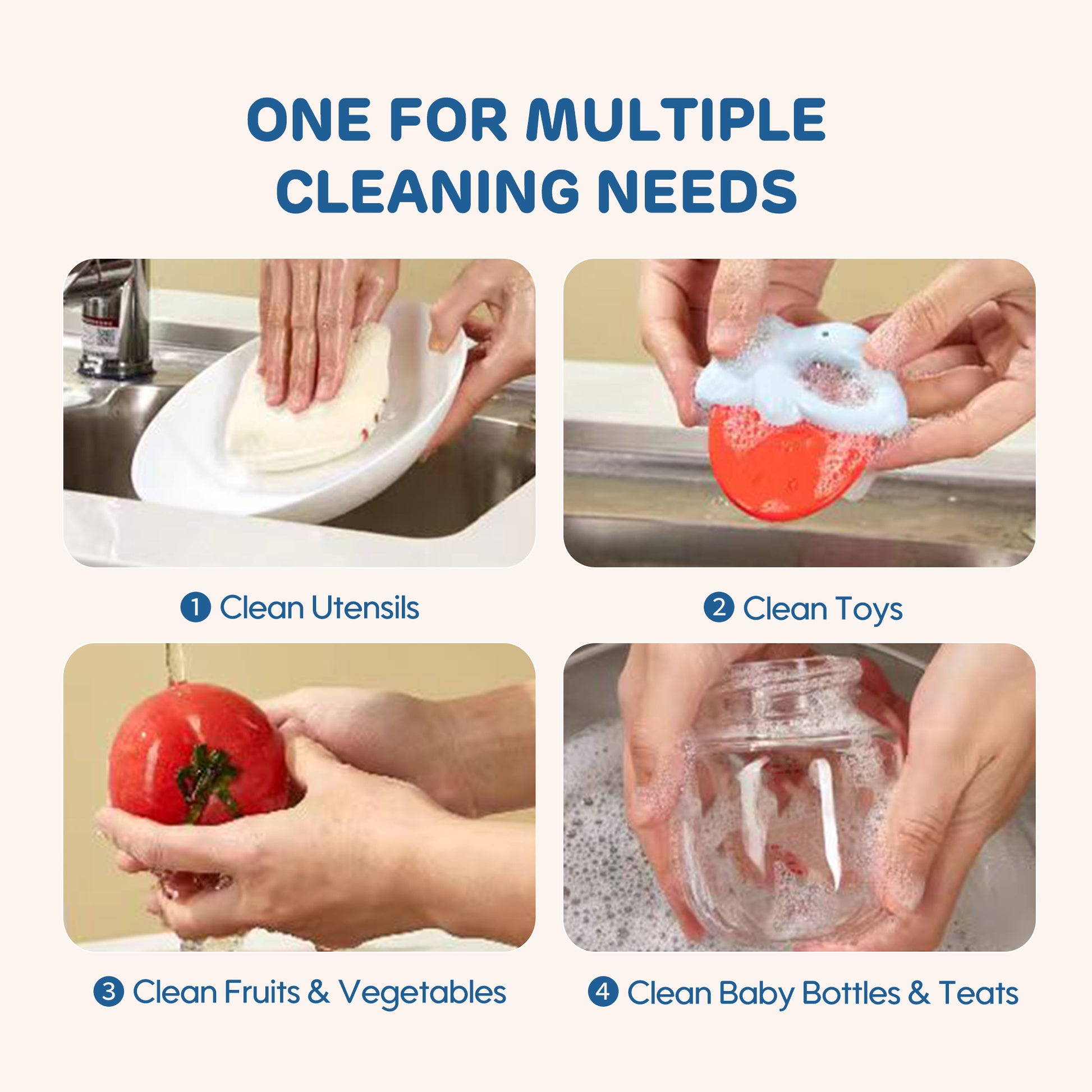 Cleans bottles, utensils, pacifiers, toys, fruits, and veggies—all in one step