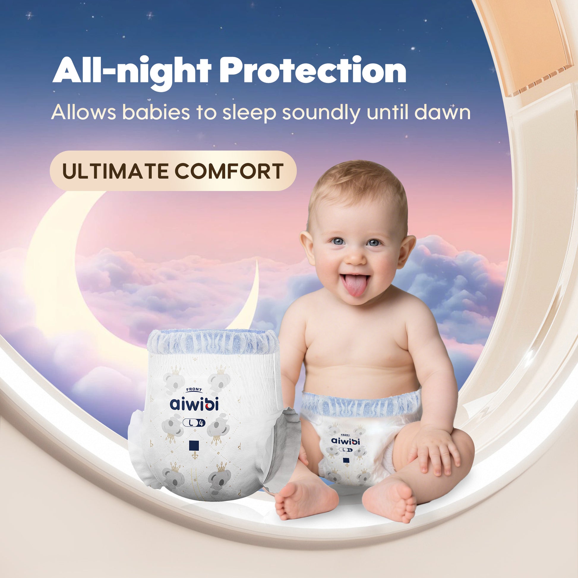 A baby sits next to an enlarged pair of Aiwibi astronaut pants,  emphasizing 'All-night Protection' and 'Ultimate Comfort'.