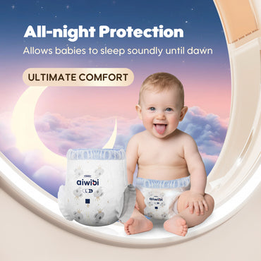 A baby sits next to an enlarged pair of Aiwibi astronaut pants,  emphasizing 'All-night Protection' and 'Ultimate Comfort'.