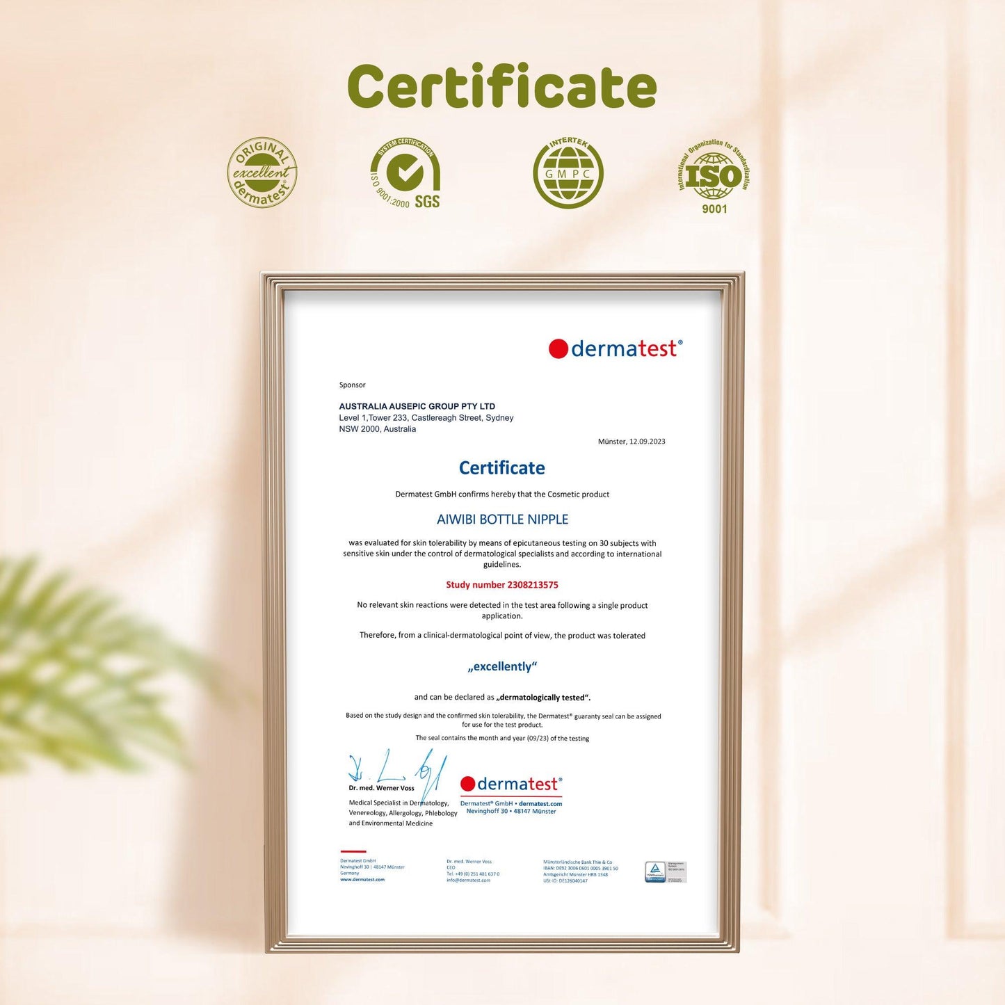 Dermatest Certification for Aiwibi Bottle Nipple.