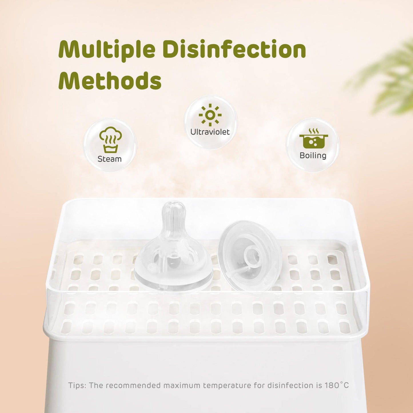 The image demonstrates various sterilization methods for the aiwibi nipple.