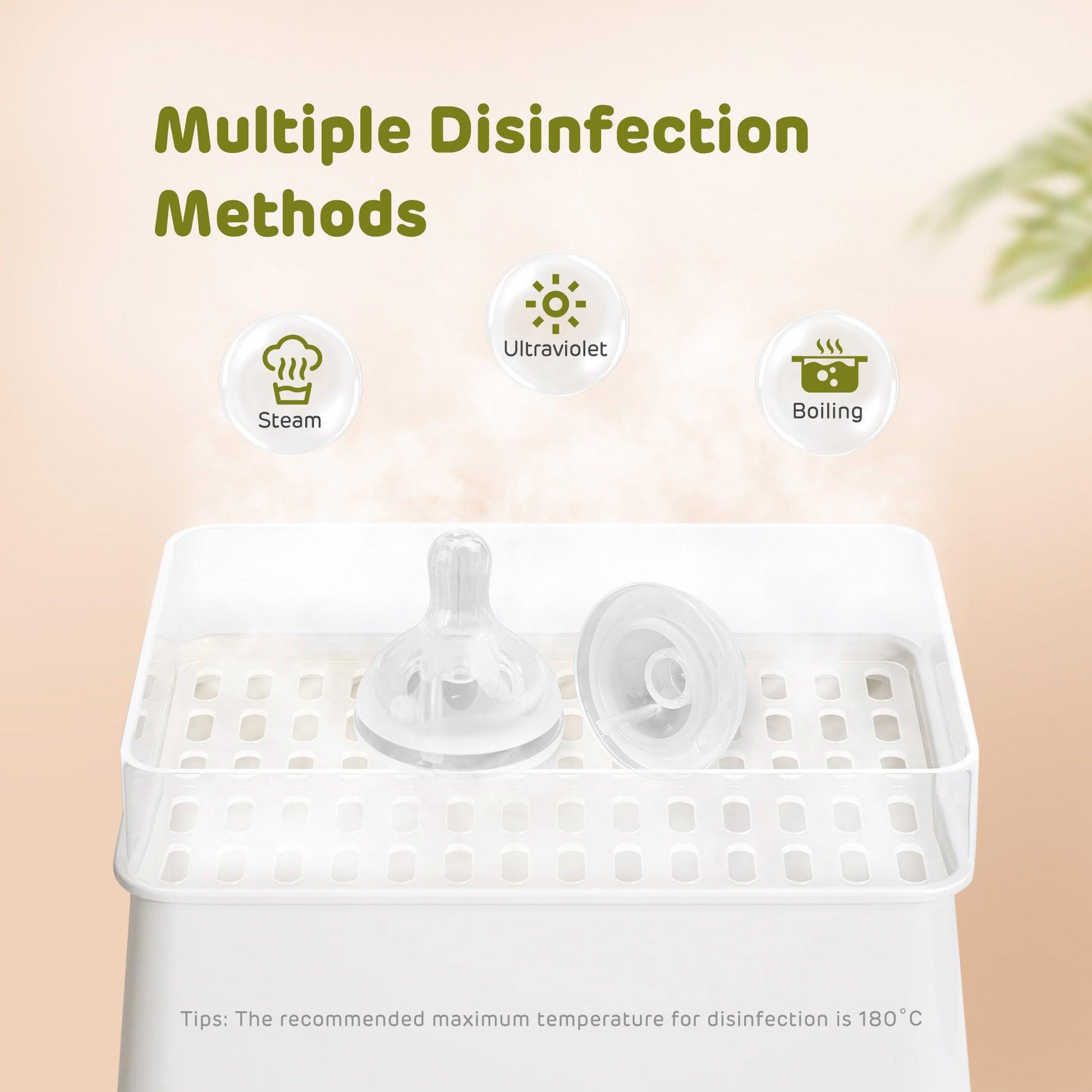 The image demonstrates various sterilization methods for the aiwibi nipple.