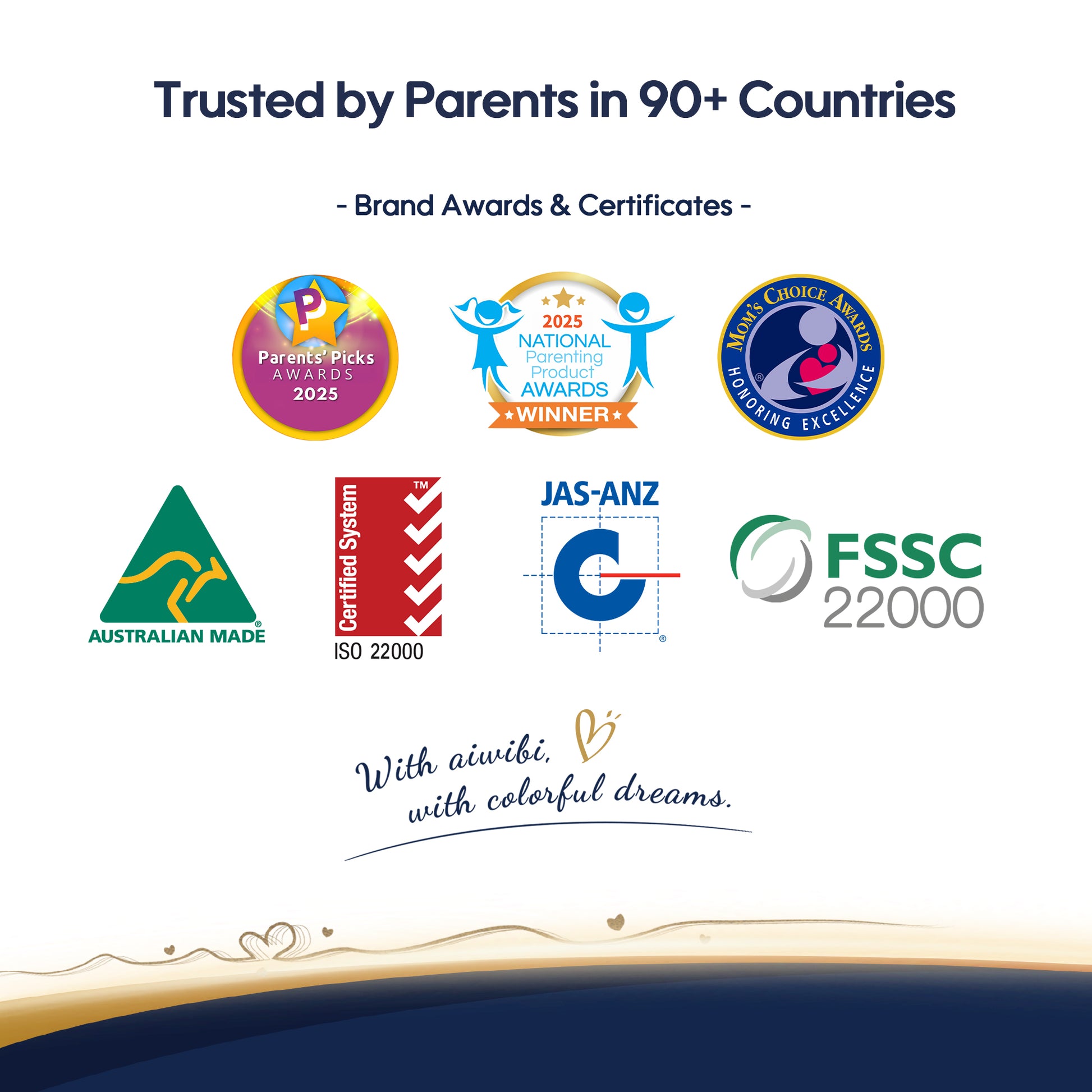 Logos and awards indicating trust by parents in over 90 countries, with a focus on brand credibility.