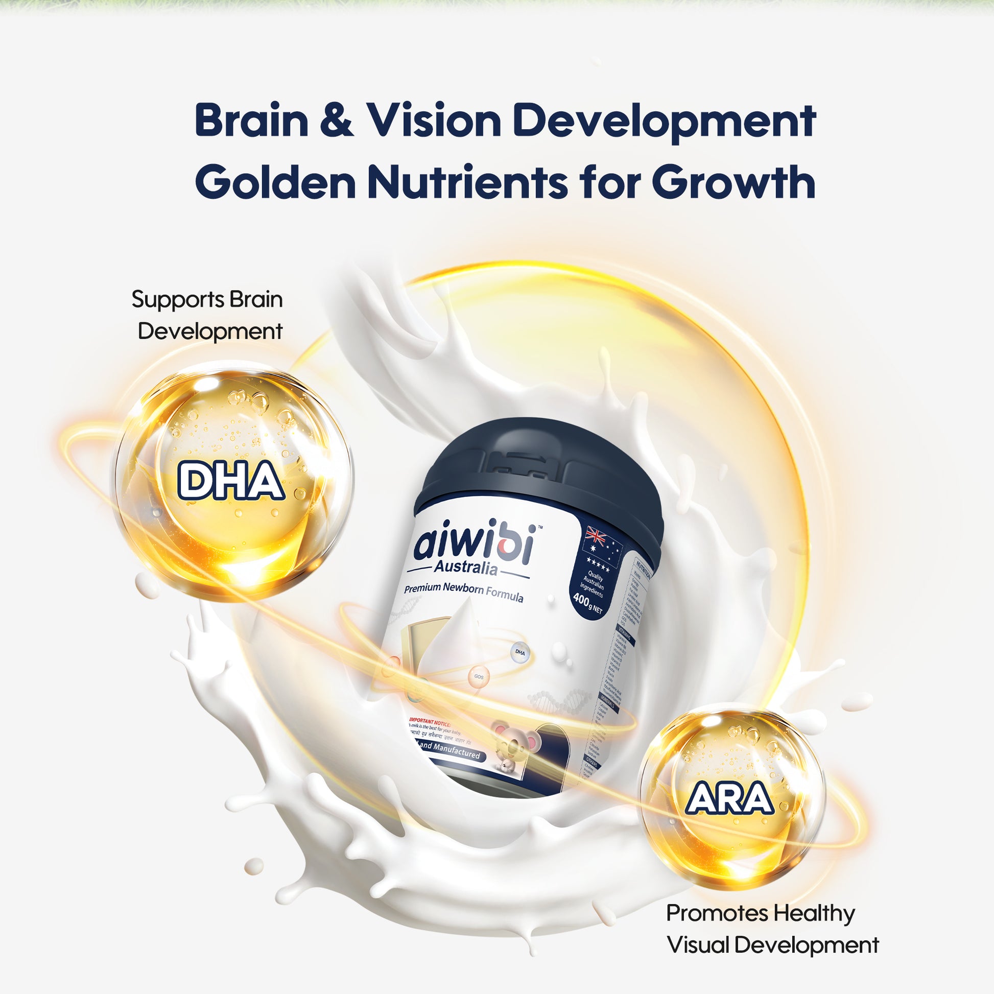 Aiwibi Australia supplement bottle with brain and vision development benefits on a white background