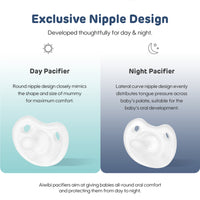 Pictures show the difference between the day and night versions of the aiwibi-baby pacifiers.