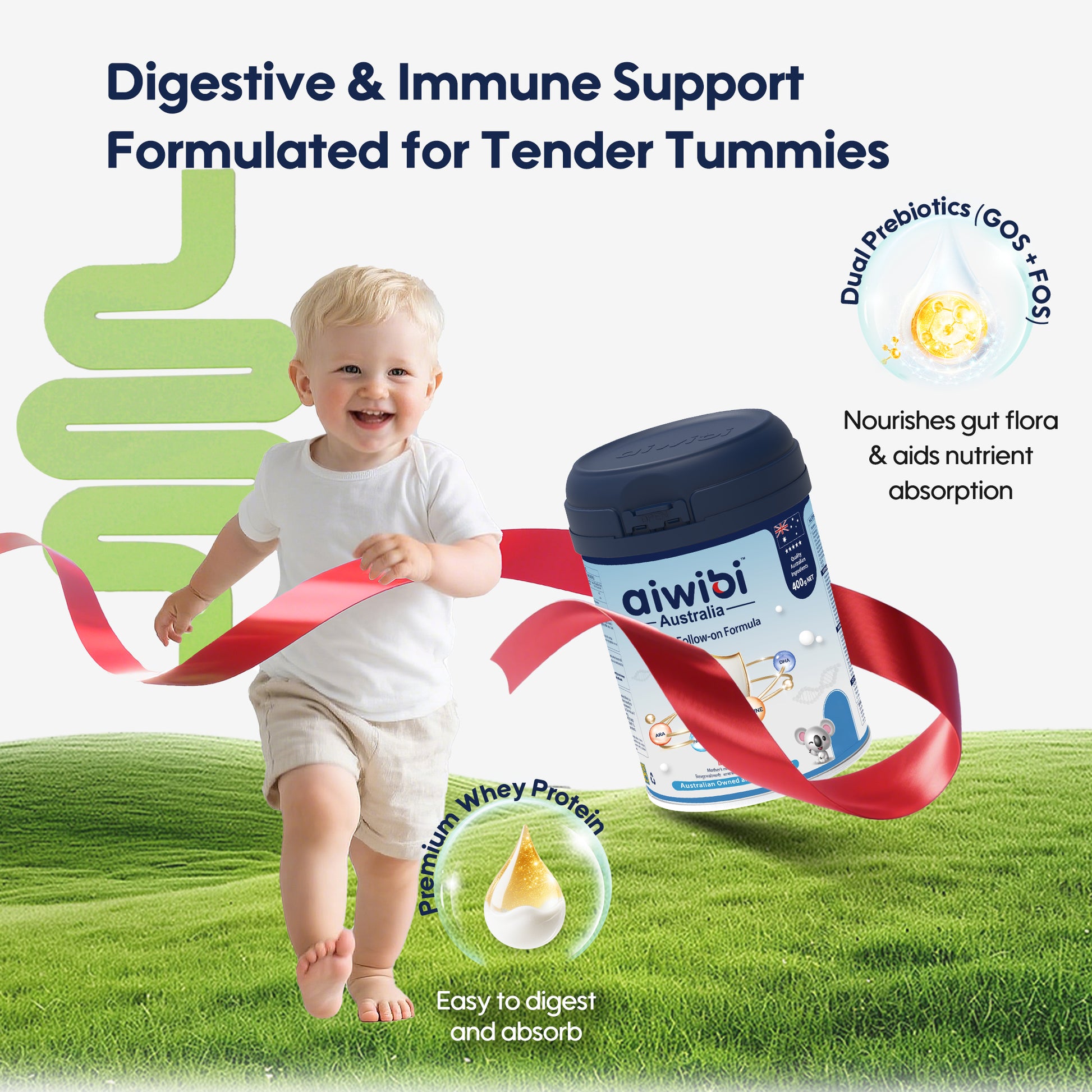 Child running with a container of aiwibi Australia baby formula on a grassy field