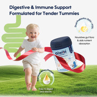 Child running with a container of aiwibi Australia baby formula on a grassy field