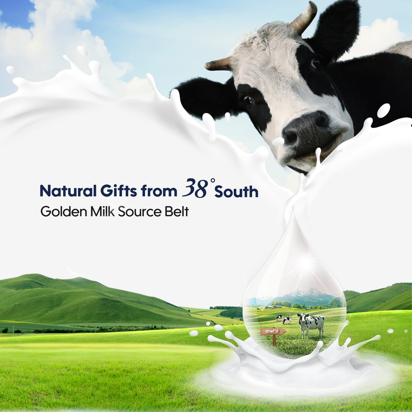 Cow peeking out from a splash of milk with '38 Degrees South' branding and a scenic background.