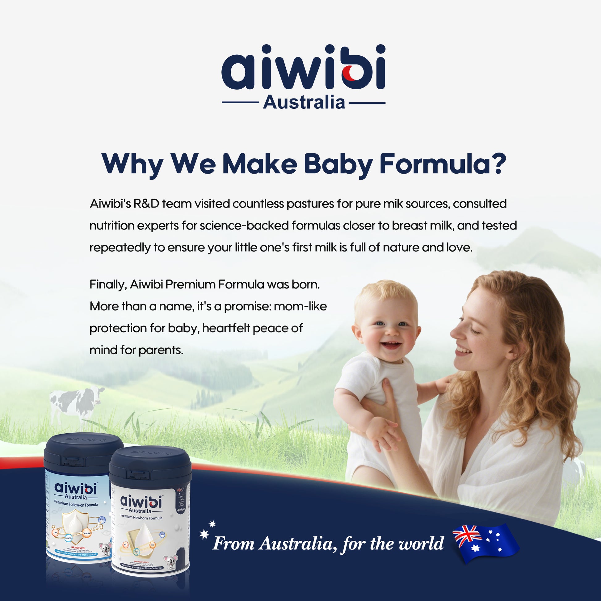 Why Aiwibi is the go-to choice for Australian baby formula with a woman holding a baby and product packaging.