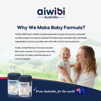 Why Aiwibi is the go-to choice for Australian baby formula with a woman holding a baby and product packaging.