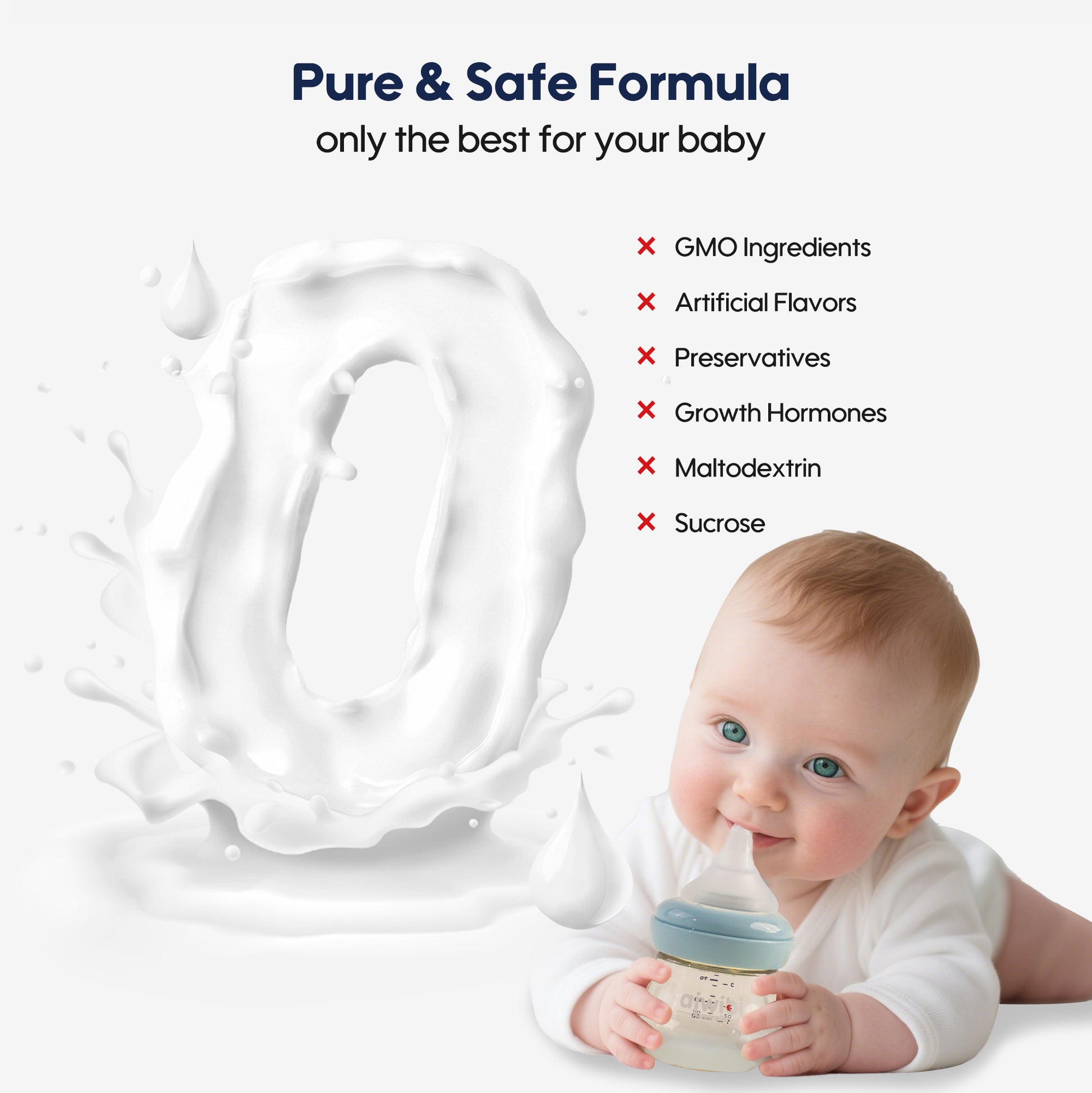 Baby holding a milk bottle with text about pure and safe formula ingredients.