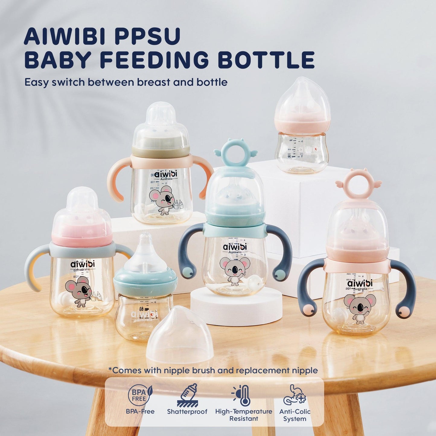The image displays all capacities and colors of Aiwibi PPSU material baby bottles.