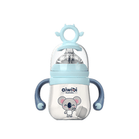 A blue Aiwibi PPSU baby milk bottle with a koala design, equipped with handles and measurement markings.