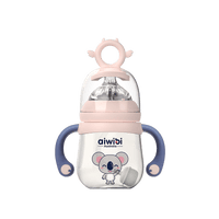 A pink Aiwibi PPSU baby milk bottle with a koala design, equipped with handles and measurement markings.