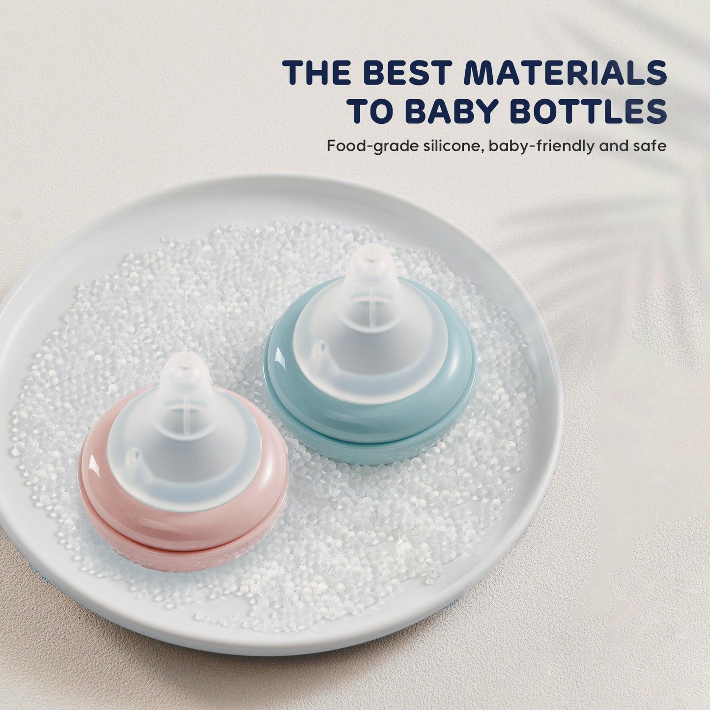 The image displays the materials used in the aiwibi Anti-Colic 120ml Baby Bottle: food-grade silicone and PPSU.