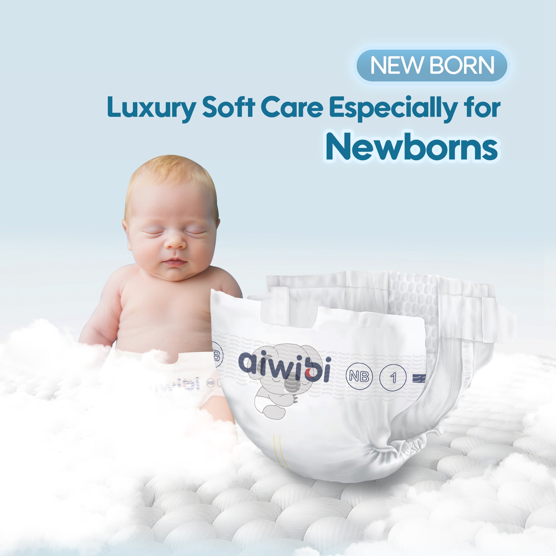 New born baby with aiwibi diaper on a light blue background