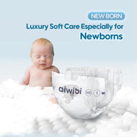 New born baby with aiwibi diaper on a light blue background