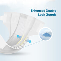 The image demonstrates that Aiwibi newborn diapers feature a dual-layer leak-proof barrier, making them less prone to leakage.
