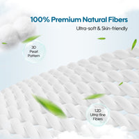 Textured white fabric with green leaves and product features on a light blue background