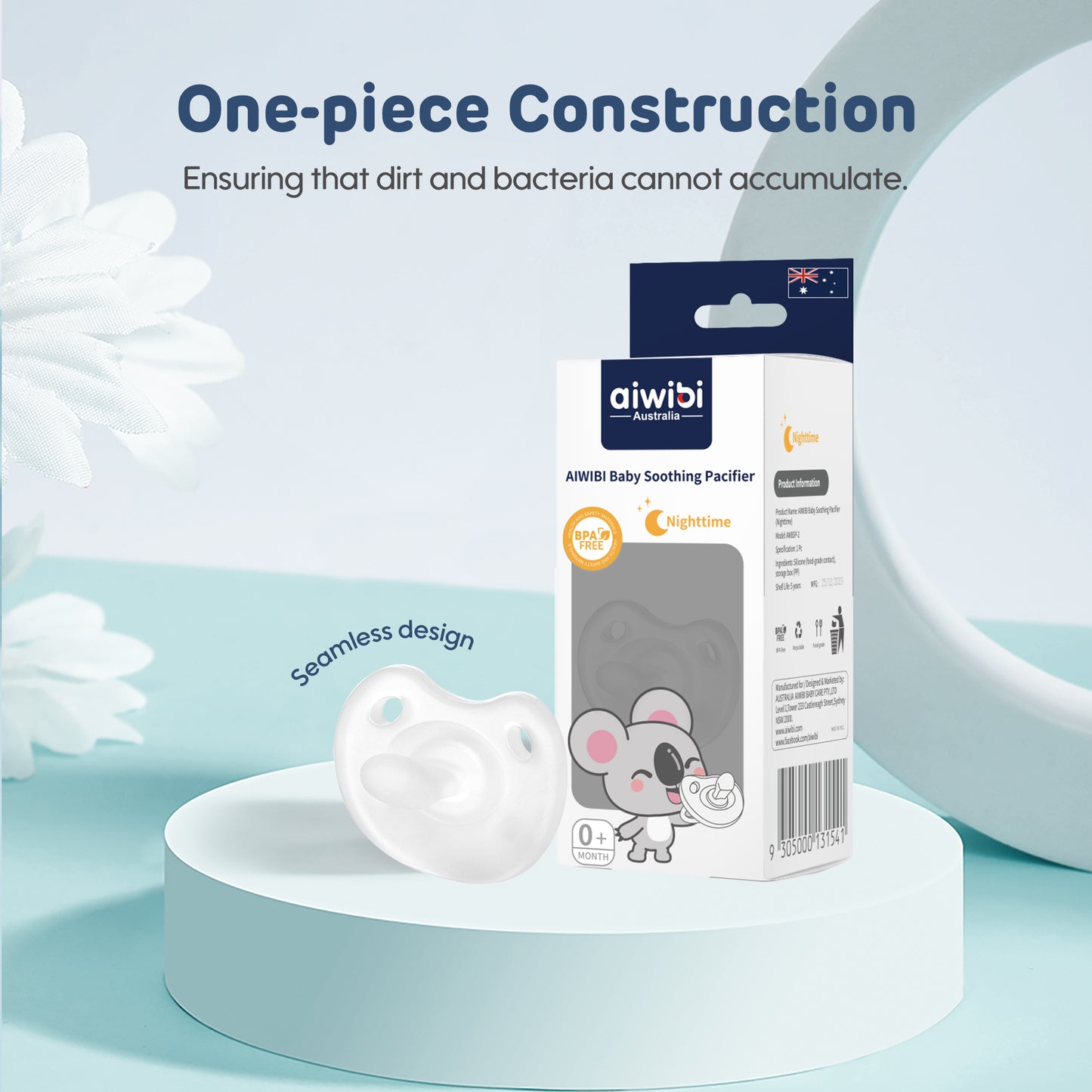 Food-grade, BPA-free silicone Aiwibi Soothing Pacifier.