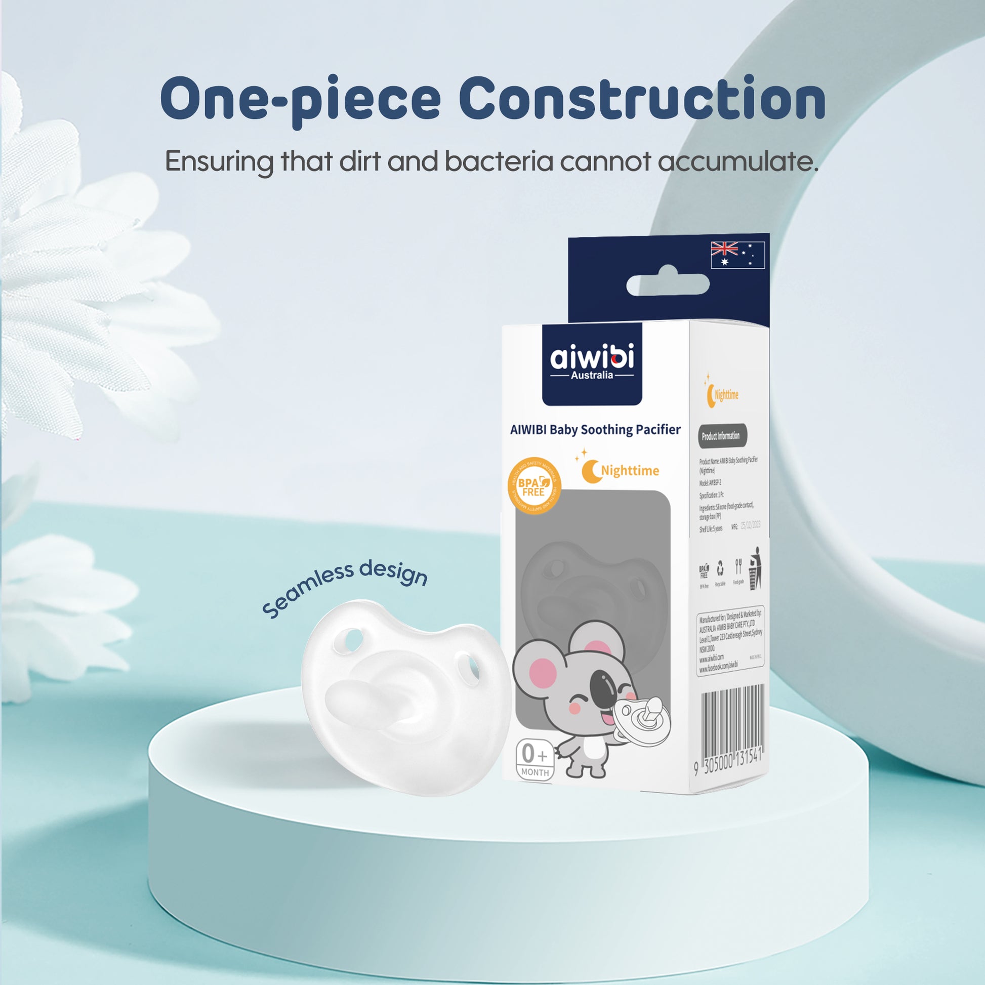 Food-grade, BPA-free silicone Aiwibi Soothing Pacifier.