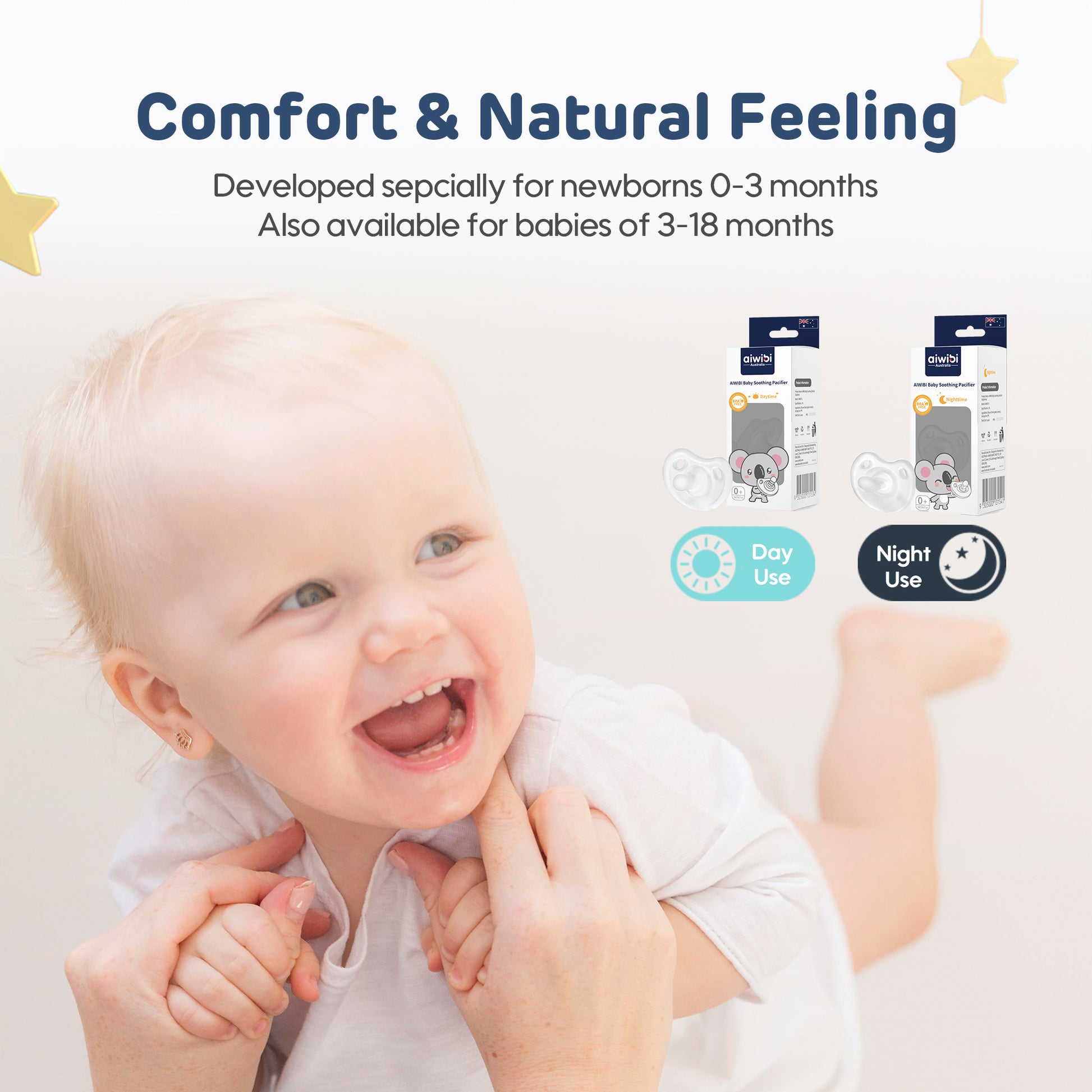 Two sizes: 0-3 months and 3-18 months Aiwibi pacifier.