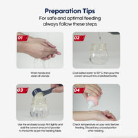 Step-by-step guide for safe and optimal feeding preparation with images and text.