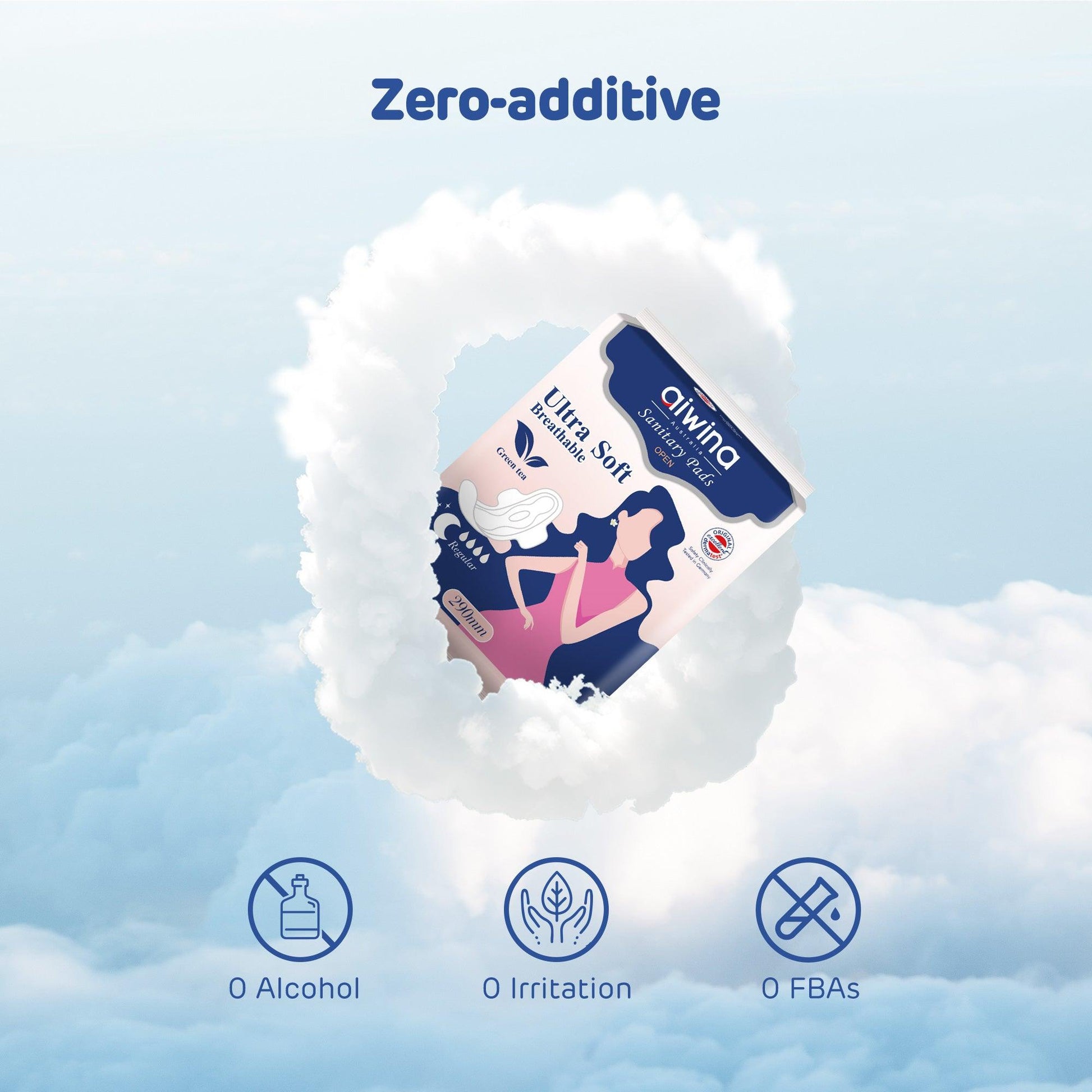 The image shows that aiwina sanitary pads contain zero additives and are extremely safe.